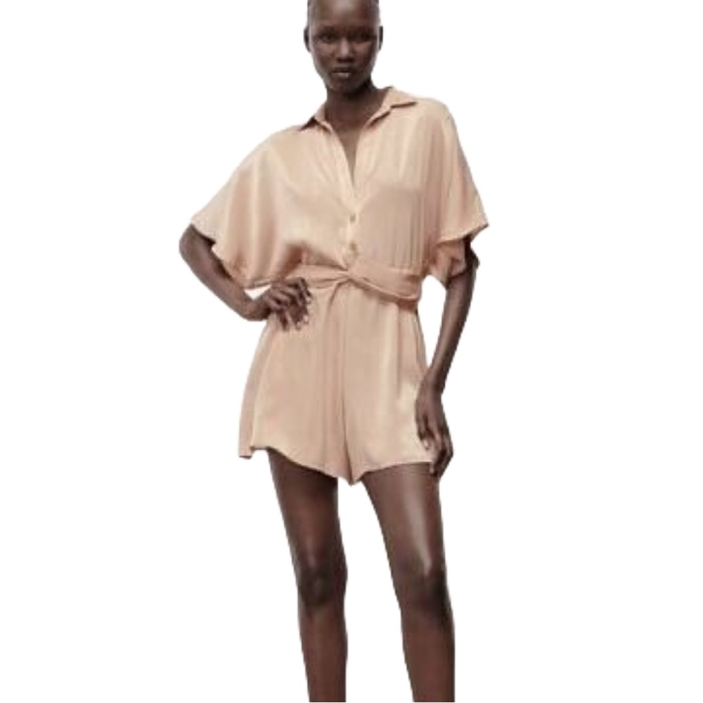 Zara Taupe Brown Satin Effect Short Sleeve Romper Jumpsuit, Women’s Large